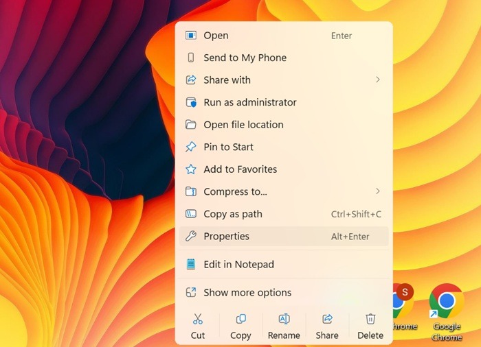 Right-click on Chrome's Properties on a Windows 11 desktop.