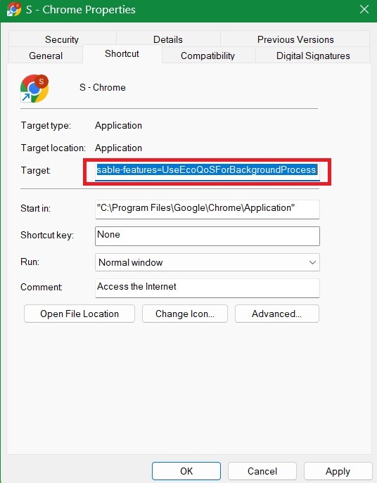 "Target" area in "Shortcut" tab for Chrome Properties modified to disable Efficiency Mode.