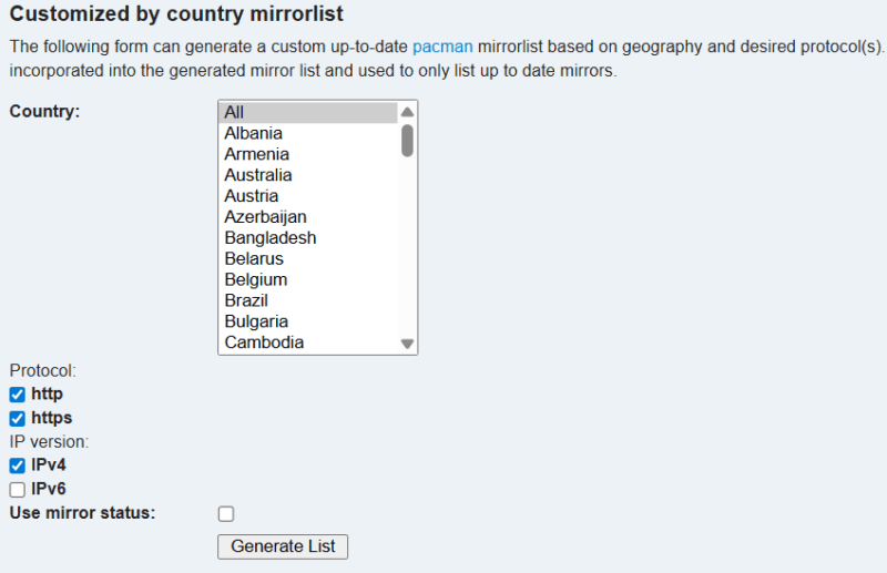 Generating Mirrorlist Via Archlinux Offical Site