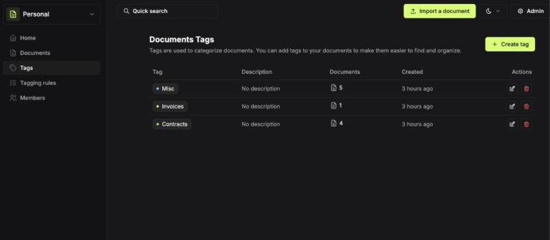 Screenshot showing Papra Document Tags