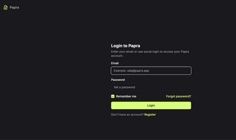 Papra Login page