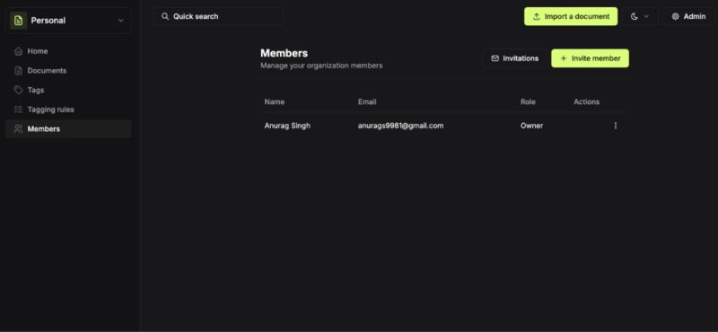 Screenshot showing Papra Members page