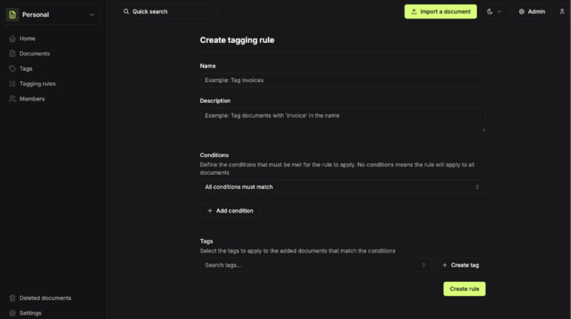 Screenshot showing Papra Tag Creation page