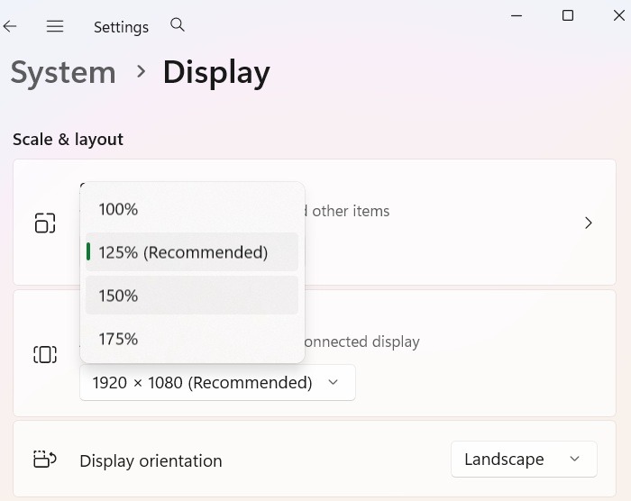 Resizing the scale for a system display to above 125 percent recommended.