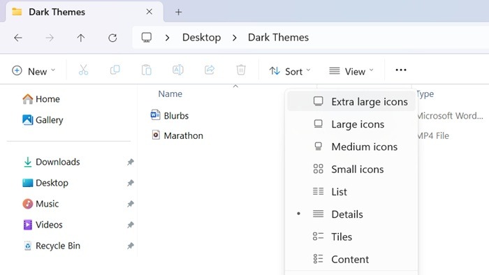 The Command bar dropdown options available from "View" in Windows 11.
