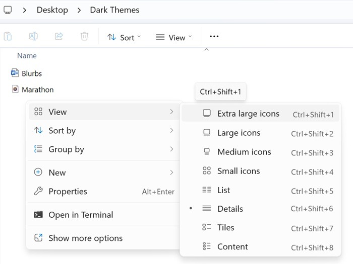 Right-click in white space to "View --> Icon size" in Windows 11 along with shortcut keys.