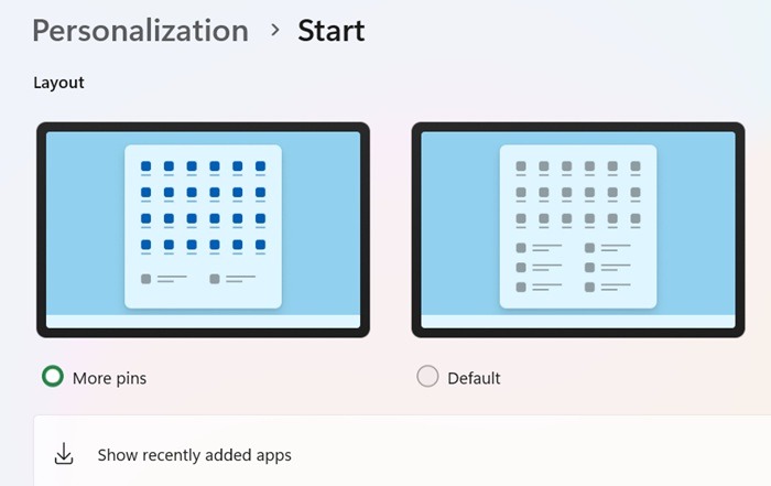 Setting up the "More pins" option in Personalization --> Start.