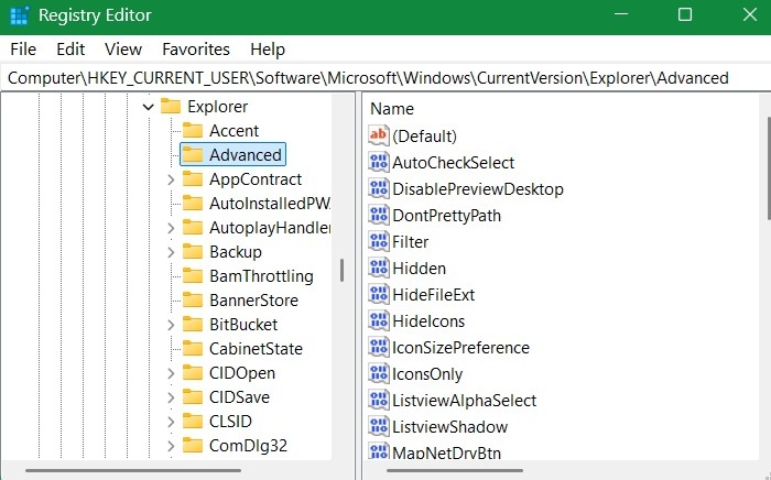 Going to an advanced registry path in Windows 11.