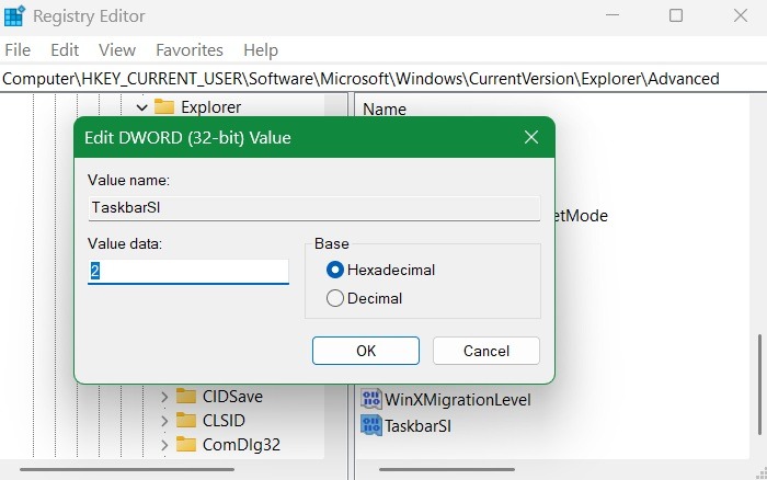 TaskbarSI, a modified DWORD value, set to "2" indicating large size.