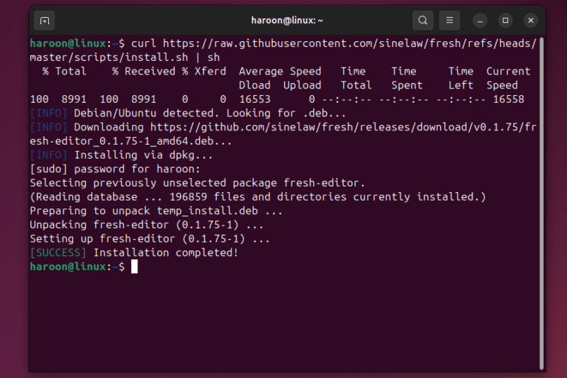 Screenshot Of The Ubuntu Terminal Installing Fresh Terminal Using Script.