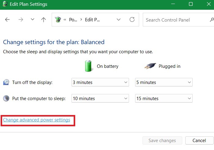 "Change advanced power settings" option visible in "Edit Plan settings."