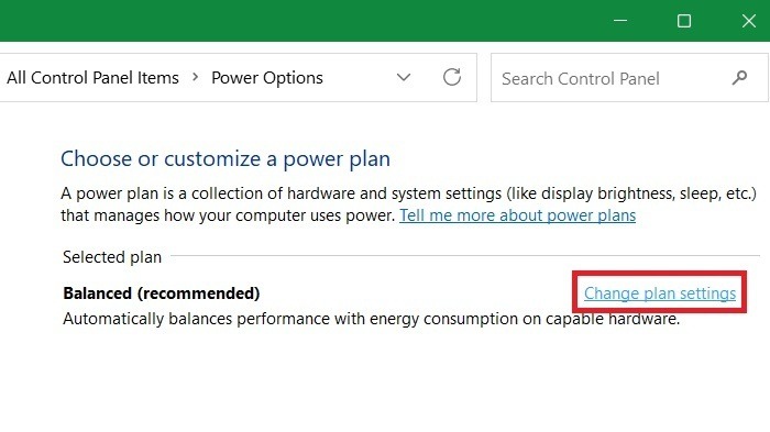 "Change plan settings" for advanced Power adjustments in Control Panel.