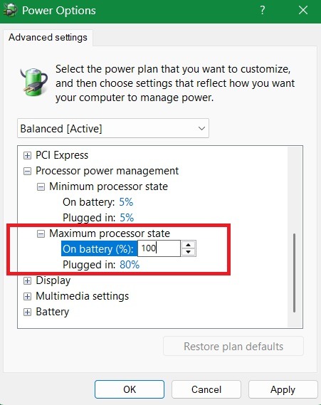 The "Maximum Processor State" is set at 80% changed from the default 100%.