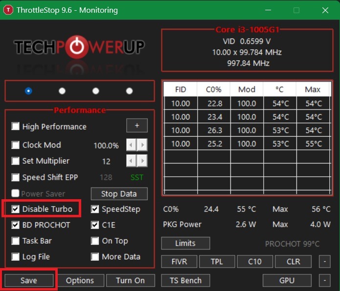 "Disable Turbo" enabled in Throttlestop monitoring tool.