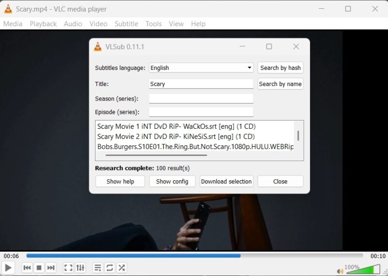 Vlsub Search Menu For Looking Up Subtitles With Vlc