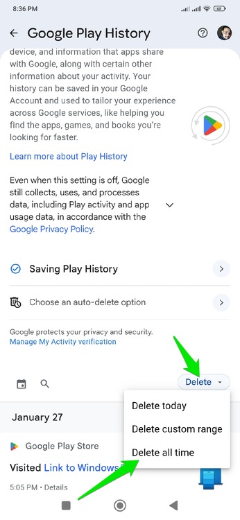 Activity Delete Options in Play Store