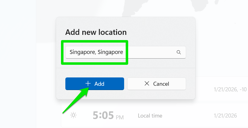Adding Time Zone to World Clock in Windows 11