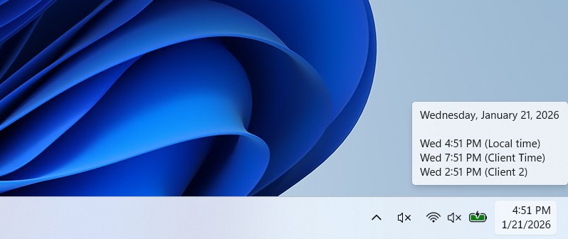 Additional Clocks showing time Windows 11