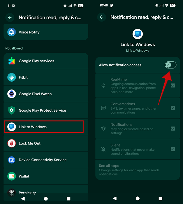 Enabling "Allow notification access" for Link to Windows app on Android.