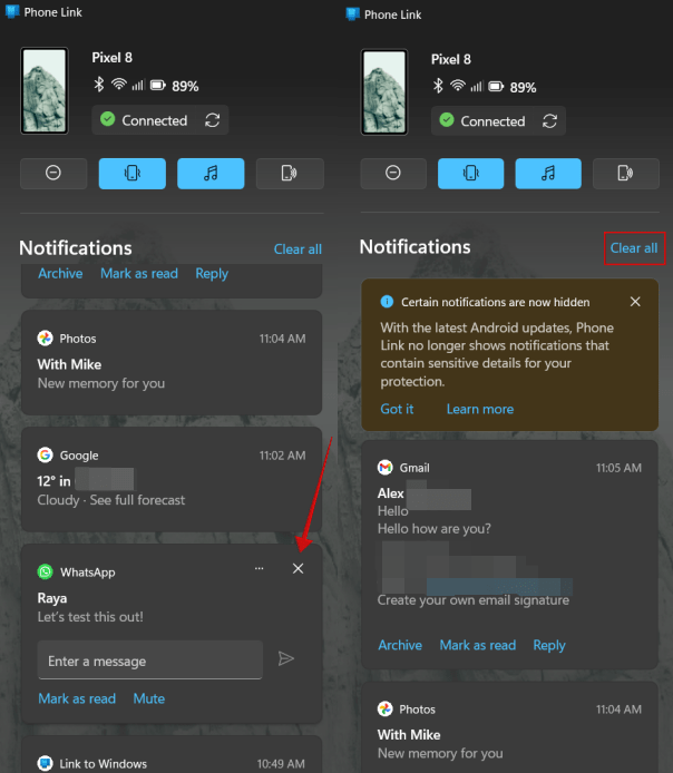 Clearing notifications from Phone Link app on Windows.