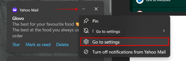 Selecting "Go to settings" from notification card in Phone Link app on Windows.