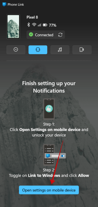 Clicking on "Open settings on mobile device" button in Phone Link app on Windows.