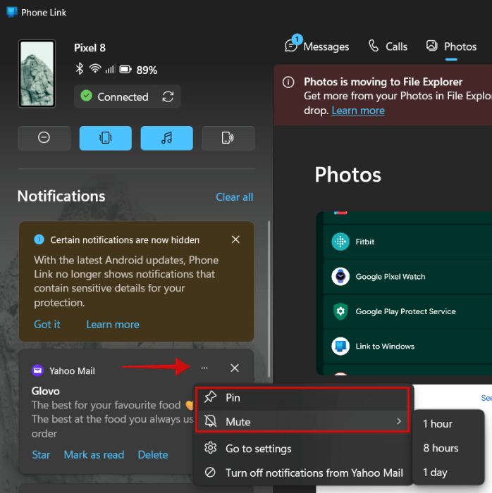Pinning or Muting notifications in Phone Link app on Windows.s