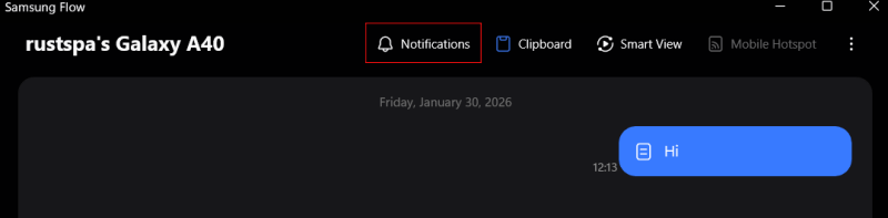 Clicking on Notifications option Samsung Flow app on Windows.