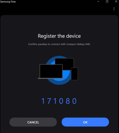 Pairing code view in Samsung Flow app on Windows device.