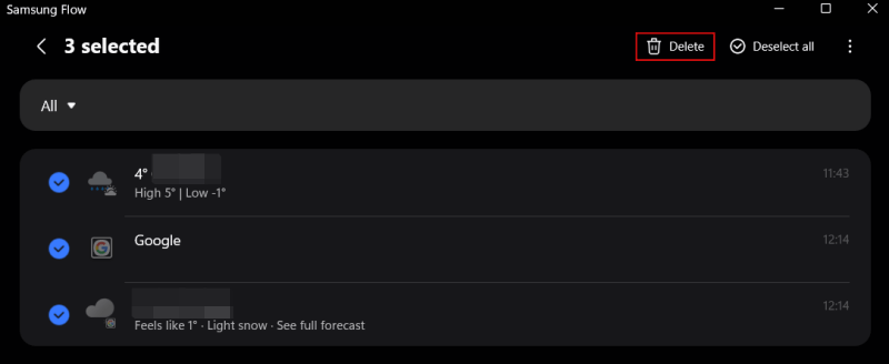 Deleting notifications from Samsung Flow on PC.