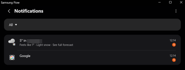 Notifications view from Galaxy phone in Samsung Flow app on Windows.