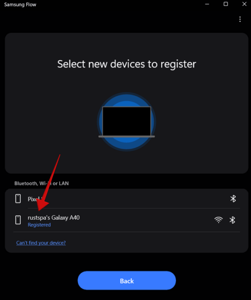 Samsung Galaxy phone view in Samsung Flow app on Windows.
