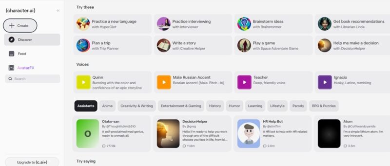 Viewing characters on Character.ai
