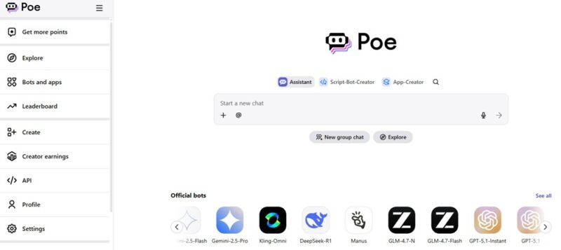 Viewing different chatbots on Poe.