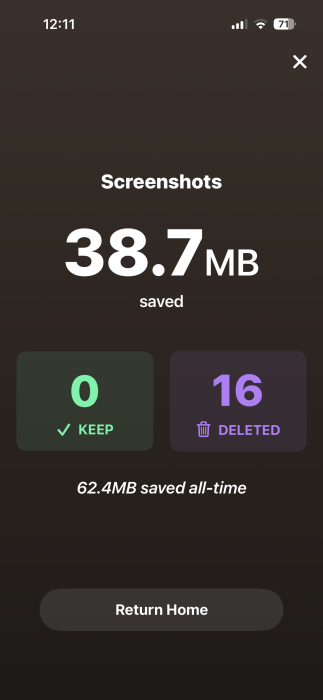 Viewing amount of storage cleared in Swipewipe app after singular cleaning session.