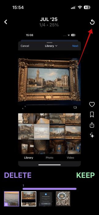 Pressing "Back" button for photo in Swipewipe app on iPhone.