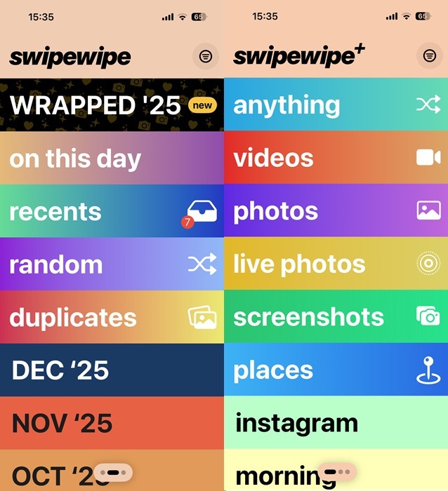Viewing category folders in Swipewipe app on iPhone. 