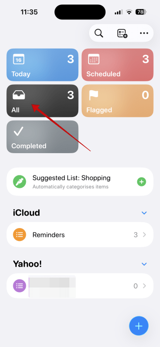 Tapping "All" button in Reminders app on iPhone. 