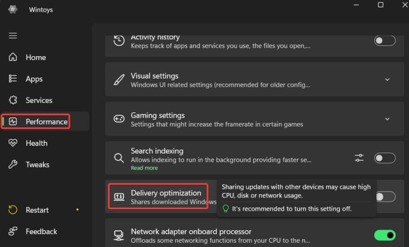 Delivery Optimization Toggle Under Performance In Wintoys