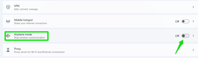 Airplane Mode in Windows 11 settings