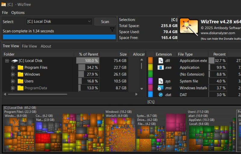 Disk Space Data In The Interface Of Wiztree