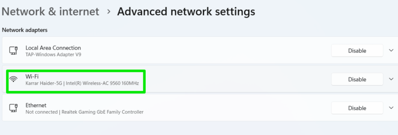 Network Adaptor enabled