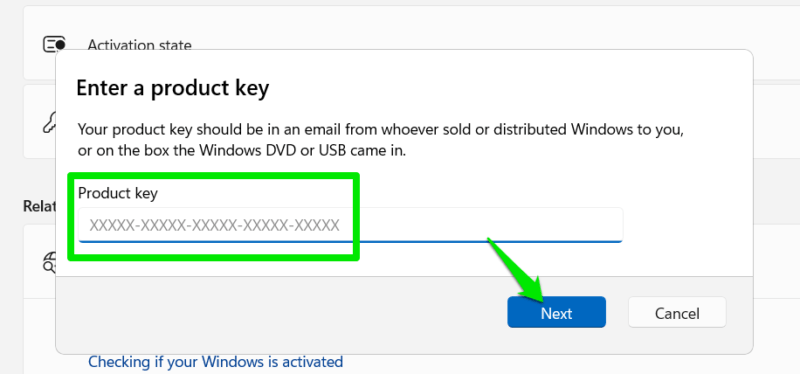 Windows 11 product key screen