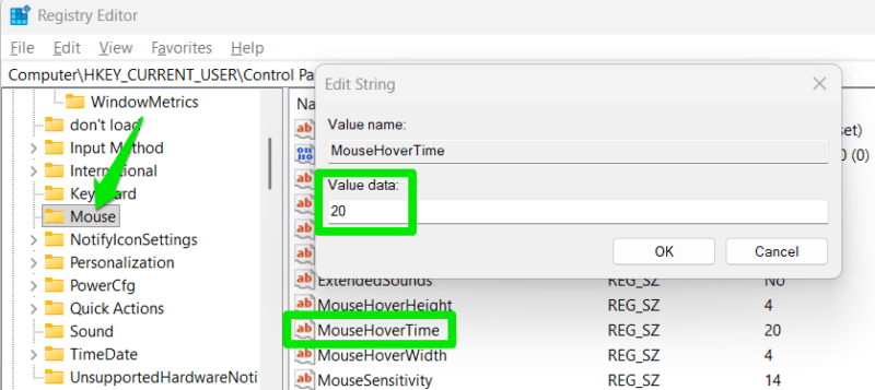 Mousehovertime being set to 20 in the Registry