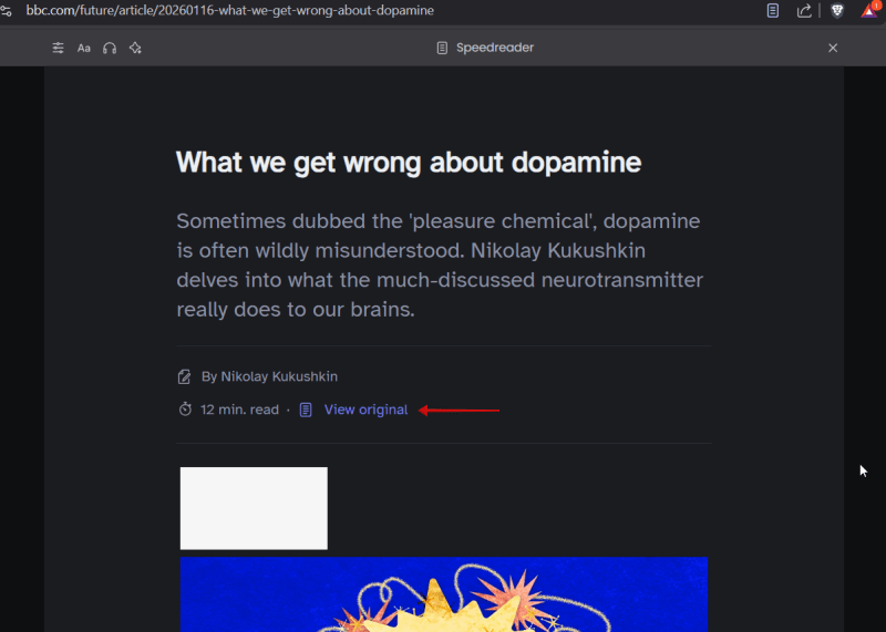 Tapping on "View original" option in Brave browser while viewing an article.