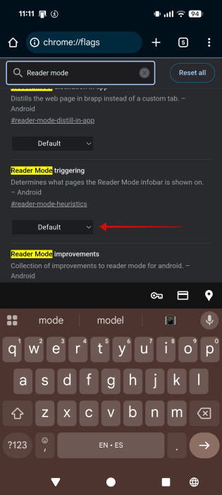 Finding "Reader Mode triggering" option in Chrome flags on Android.