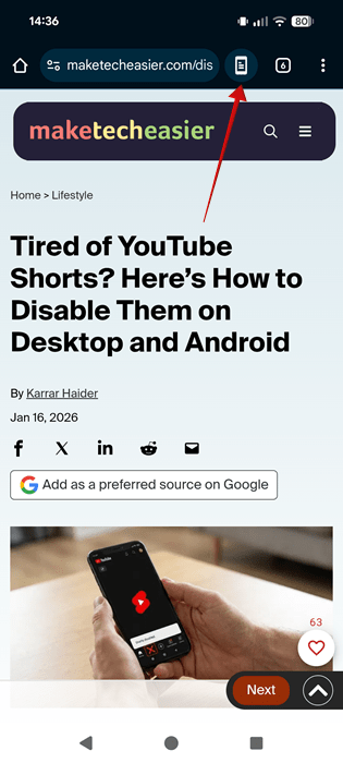 Tapping Reader icon in Chrome tool bar on Android. 