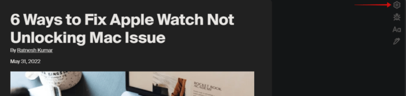 Clicking gear icon in Chrome browser when using Unclutter extension. 