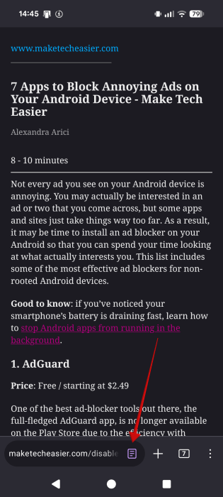 Reader icon view in Firefox for Android. 