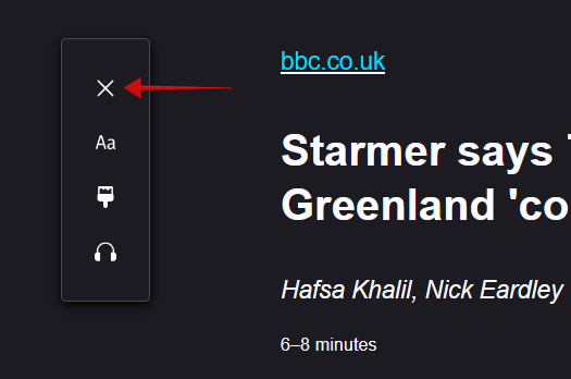 Tapping "X" button to return to normal view for article while using Firefox Reader mode. 